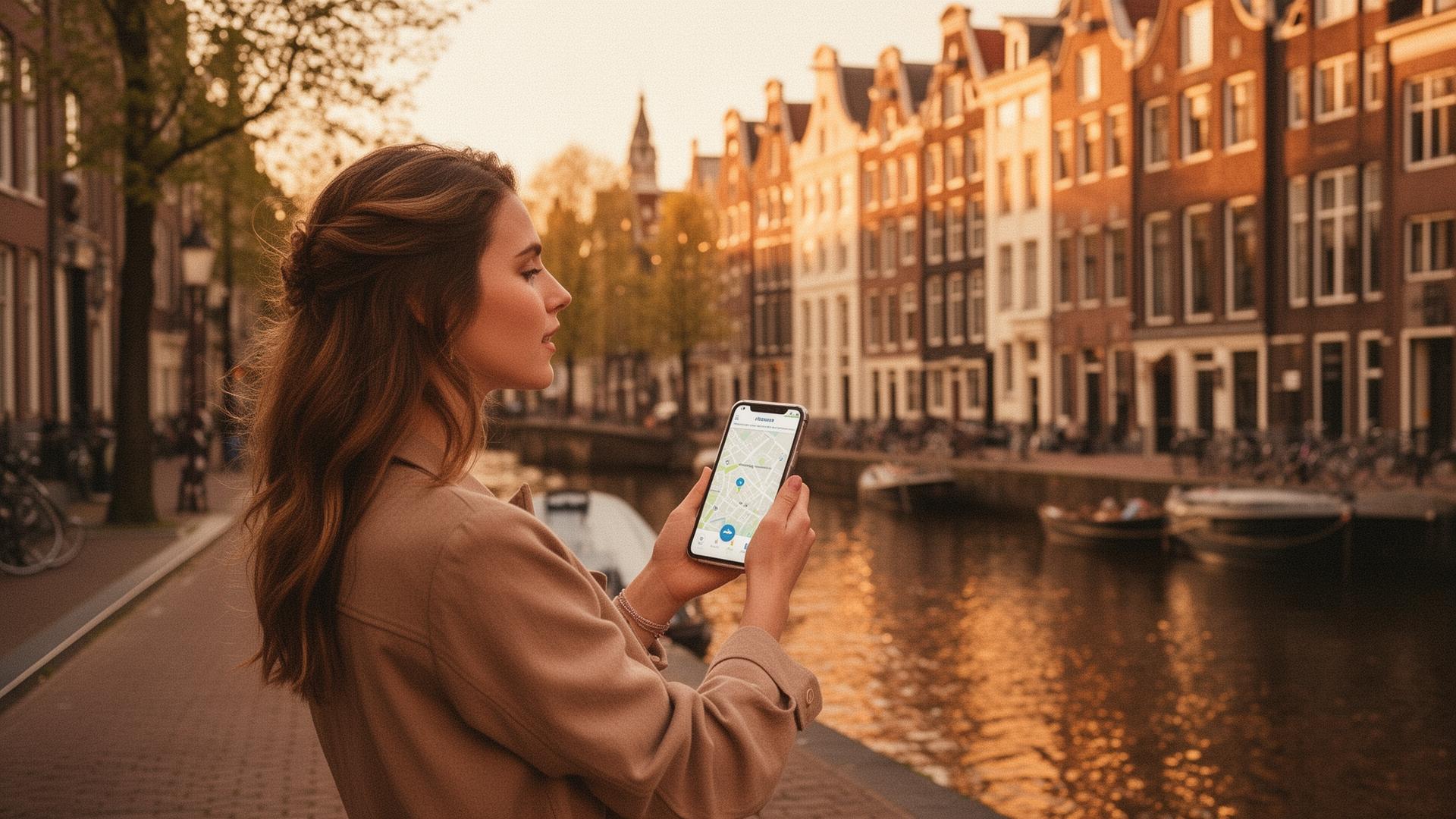 Jongvolwassene verkent een Nederlandse stad met een Qugato citygame op haar telefoon