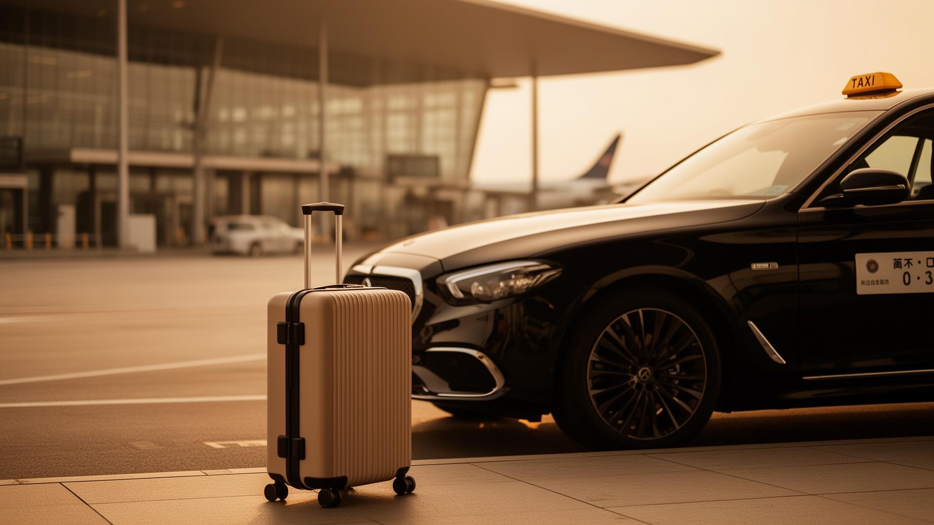 Stijlvolle koffer naast een zwarte luchthaventaxi voor een terminal — symbool voor luchthaventaxi, vliegveldparkeren en kwaliteitsbagage